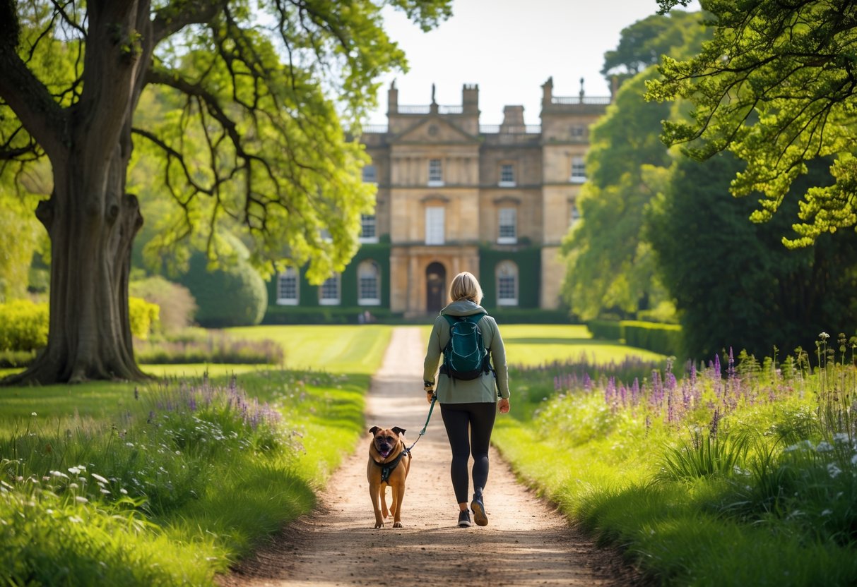 A person walking a dog on a path near Chatsworth House surrounded by green trees and gardens.