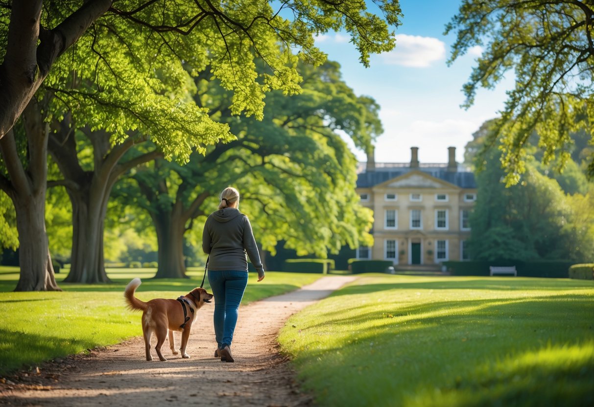 A person walking a dog on a green trail near Chatsworth House surrounded by trees and sunlight.