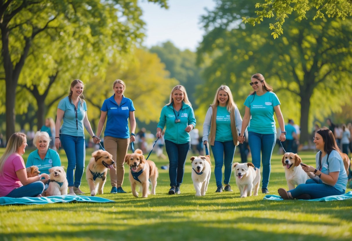 People enjoying a sunny day in a park with several dogs playing and interacting around them.