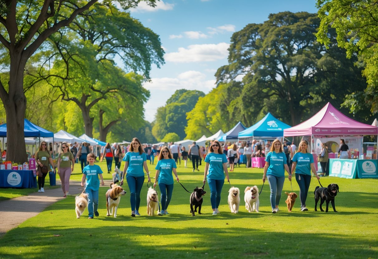 People and dogs enjoying a sunny day at a busy park event with trees, tents, and families interacting outdoors.