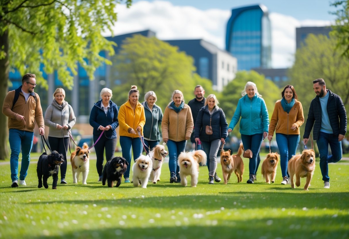 Dog owners enjoying a sunny day with their dogs in a park in Sheffield, with city buildings and trees in the background.