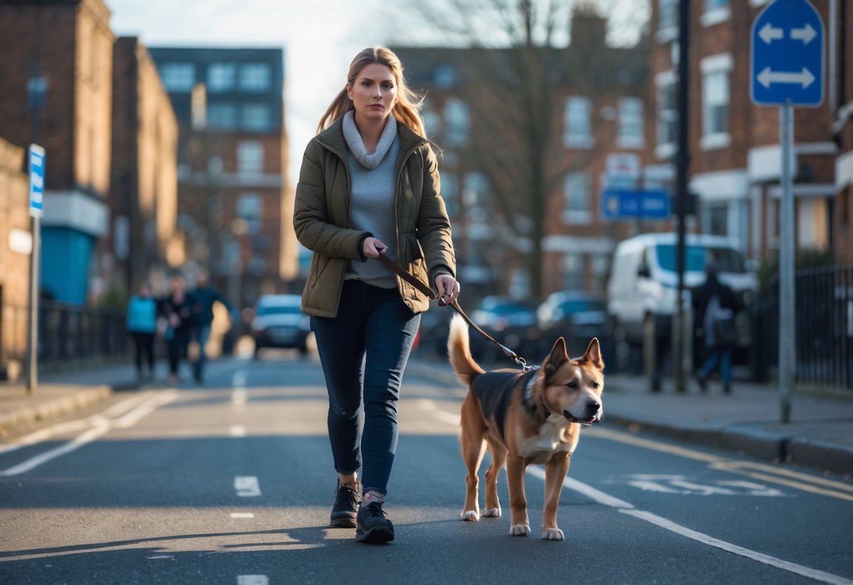A woman walking her dog on a city street looking alert and cautious, with buildings and pedestrians in the background.
