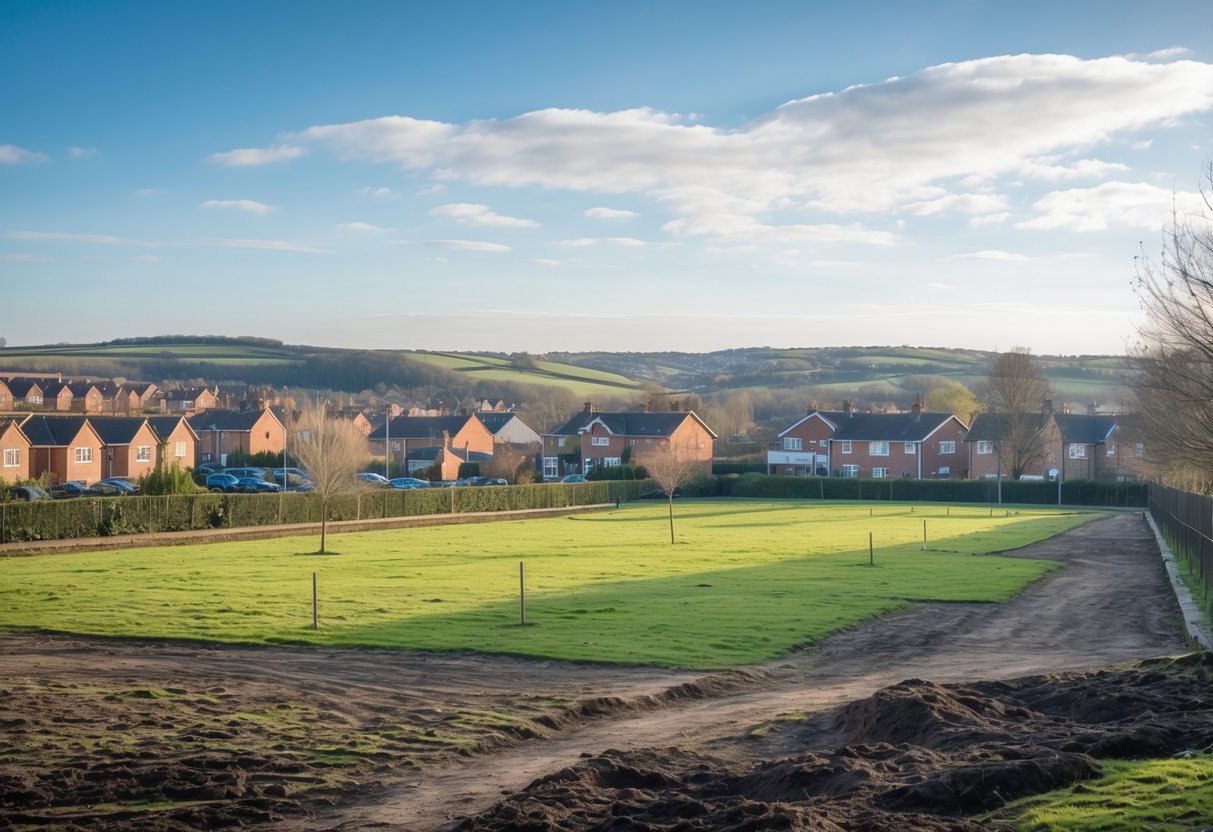 Cleared open green space in Rivelin with grass and young trees, surrounded by houses and hills under a blue sky.