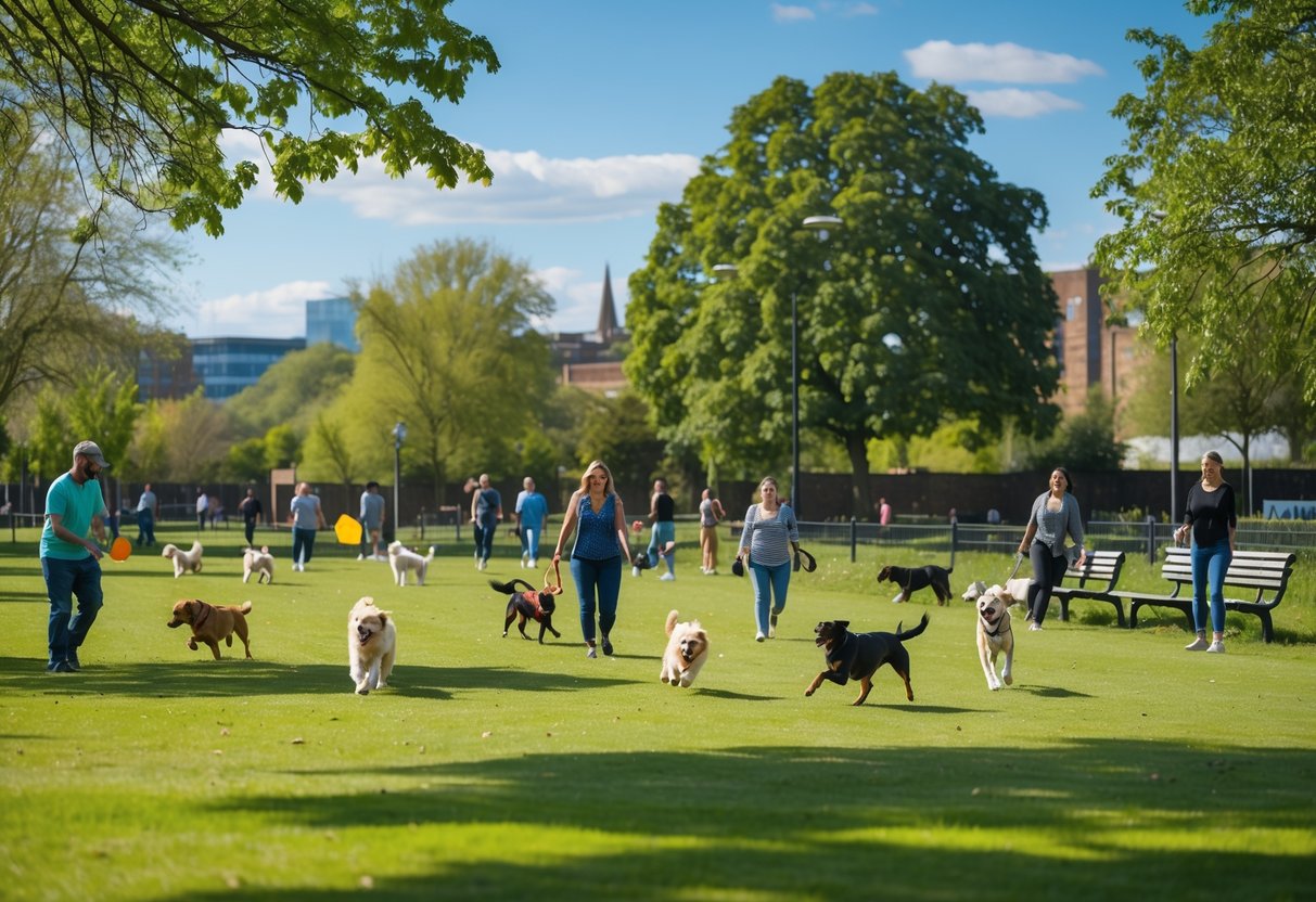 A dog park in Sheffield with dogs playing and owners watching on a sunny day surrounded by trees and city buildings.