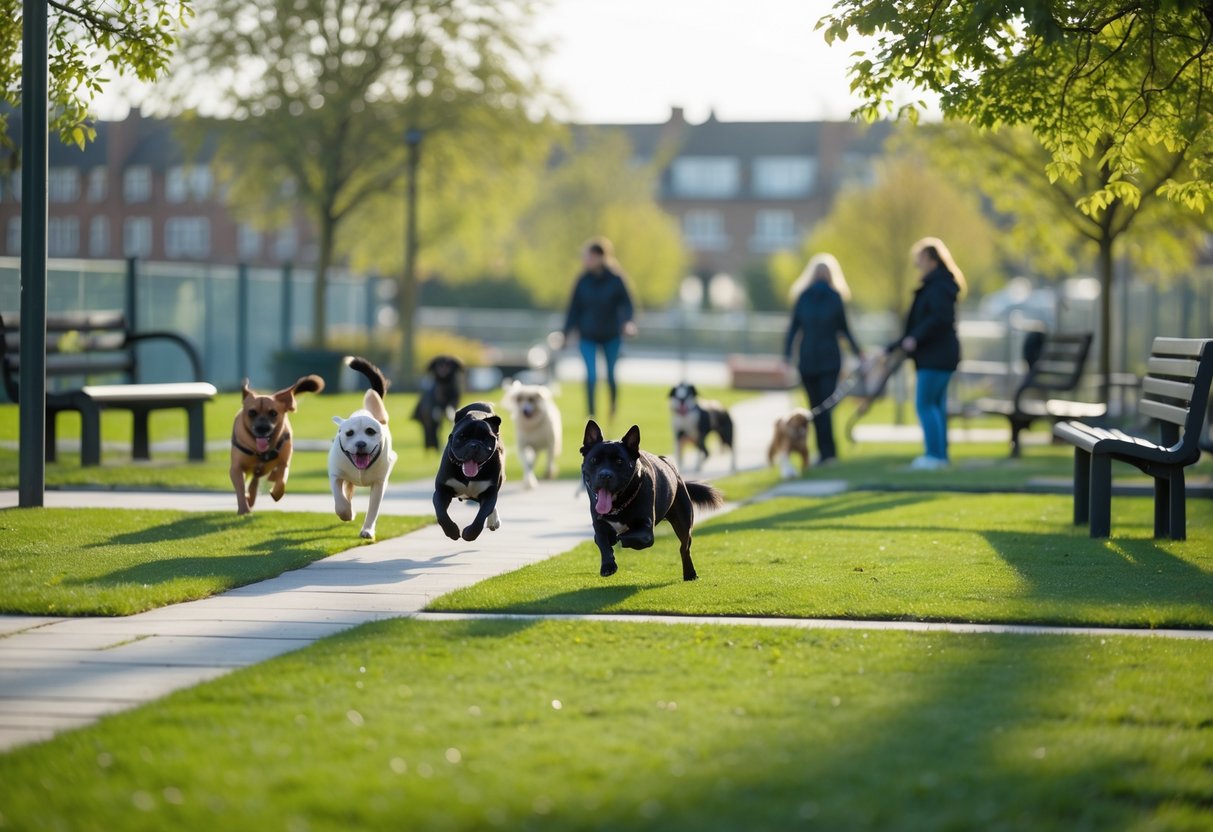 A dog park in Sheffield with dogs playing on grass and owners watching nearby, surrounded by trees and city buildings in the background.