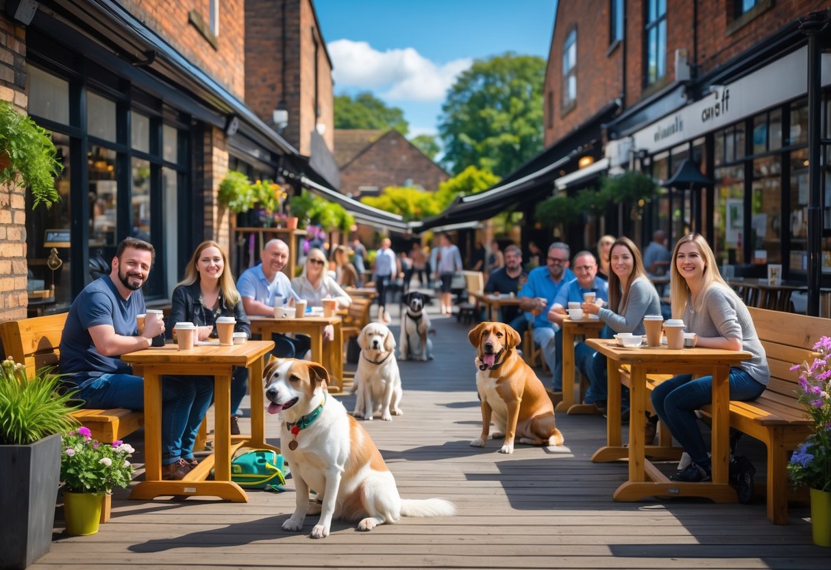 People sitting at outdoor café tables with dogs nearby in a sunny urban setting.