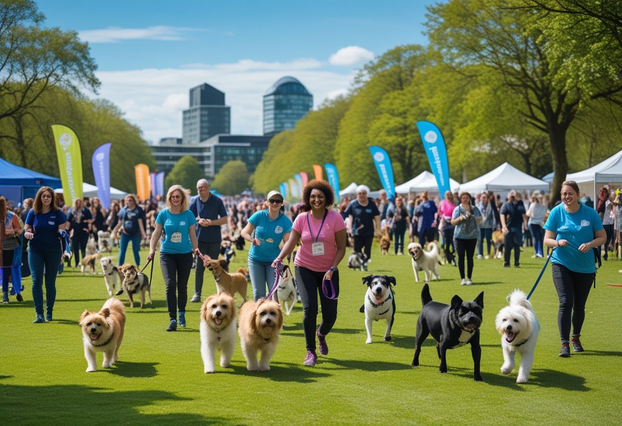 People and dogs enjoying a sunny outdoor dog event in a green park in Sheffield with city buildings in the background.