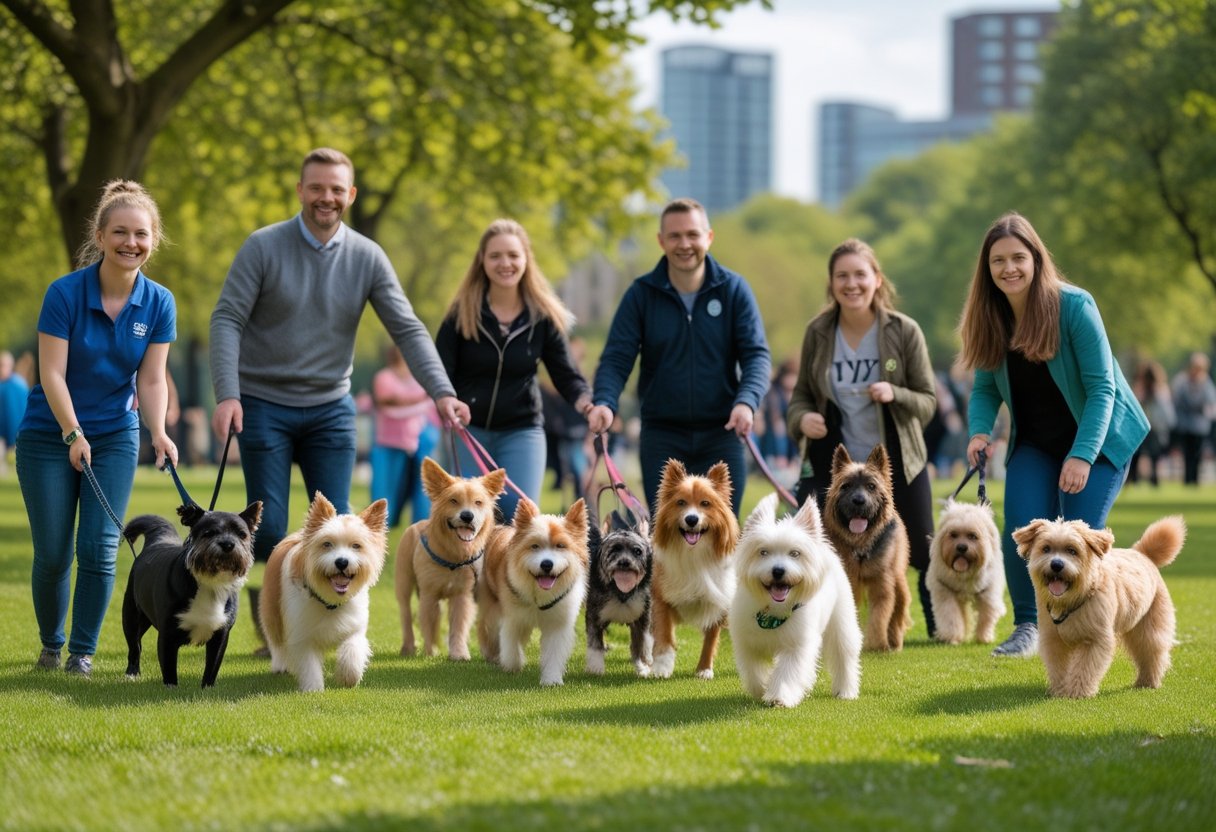 A group of dogs and people happily interacting in a park with trees and city buildings in the background.