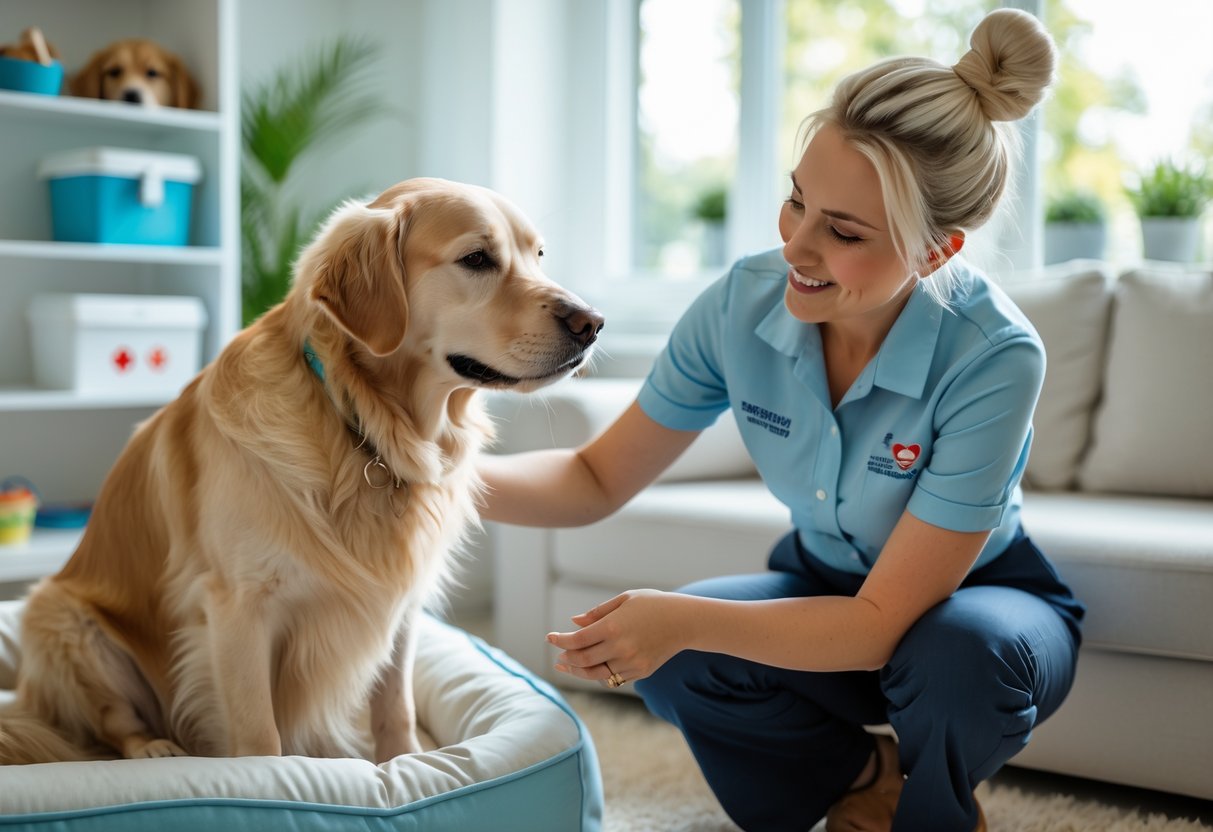 A pet sitter gently interacting with a golden retriever in a bright living room with pet supplies and a first aid kit visible.