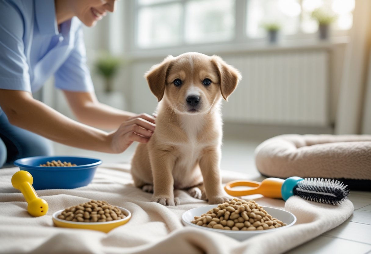 A happy puppy sitting on a blanket indoors surrounded by items representing veterinary care, feeding, grooming, and rest.