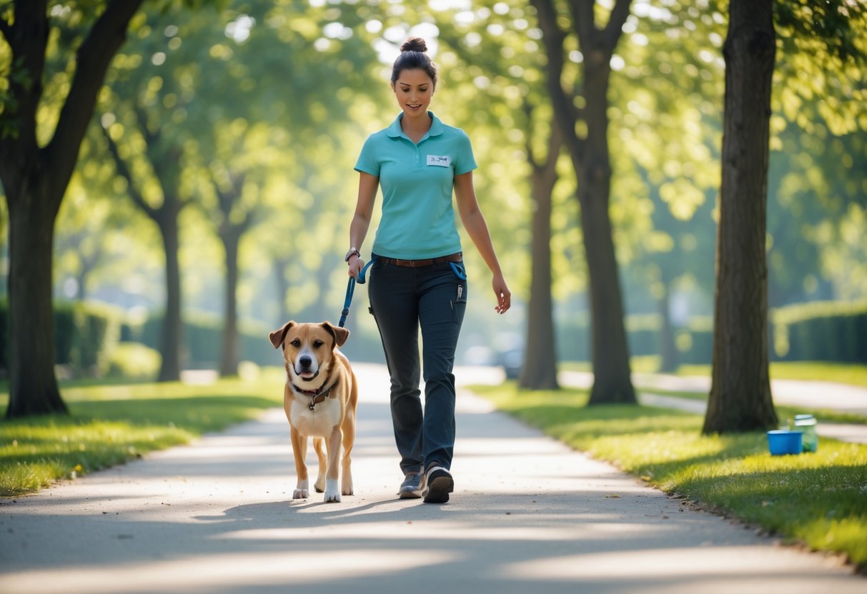 A dog walker attentively walking a medium-sized dog on a leash along a tree-lined park path on a sunny day.