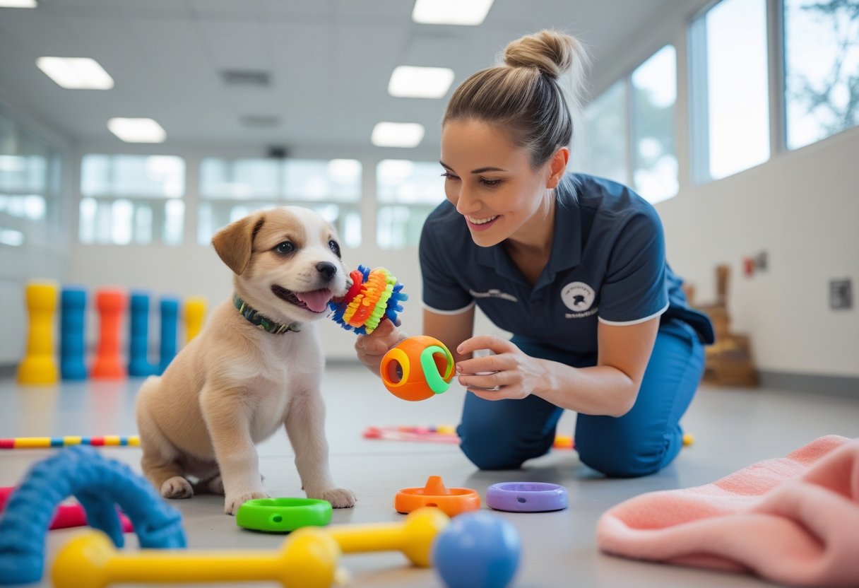 A dog trainer gently interacting with a small puppy in a bright, well-equipped indoor puppy care center.