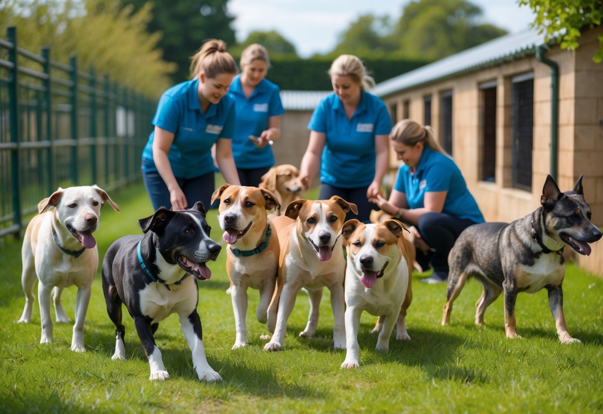 Several dogs playing and resting in a clean outdoor kennel area with staff members caring for them.