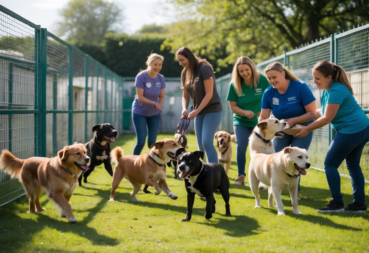 A group of dogs playing in a grassy enclosure with people interacting with them at a dog rescue centre.