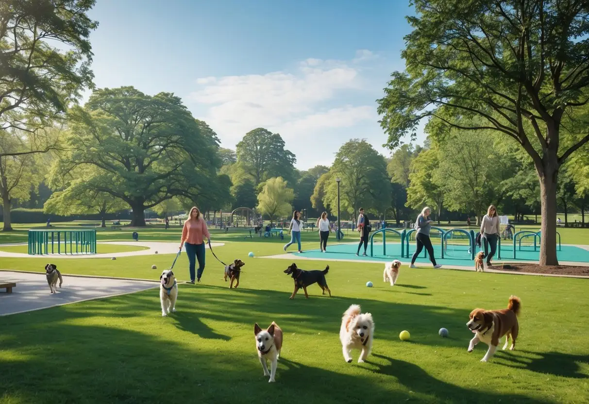 Dogs playing and running in a green park with people walking and sitting nearby under a clear sky.