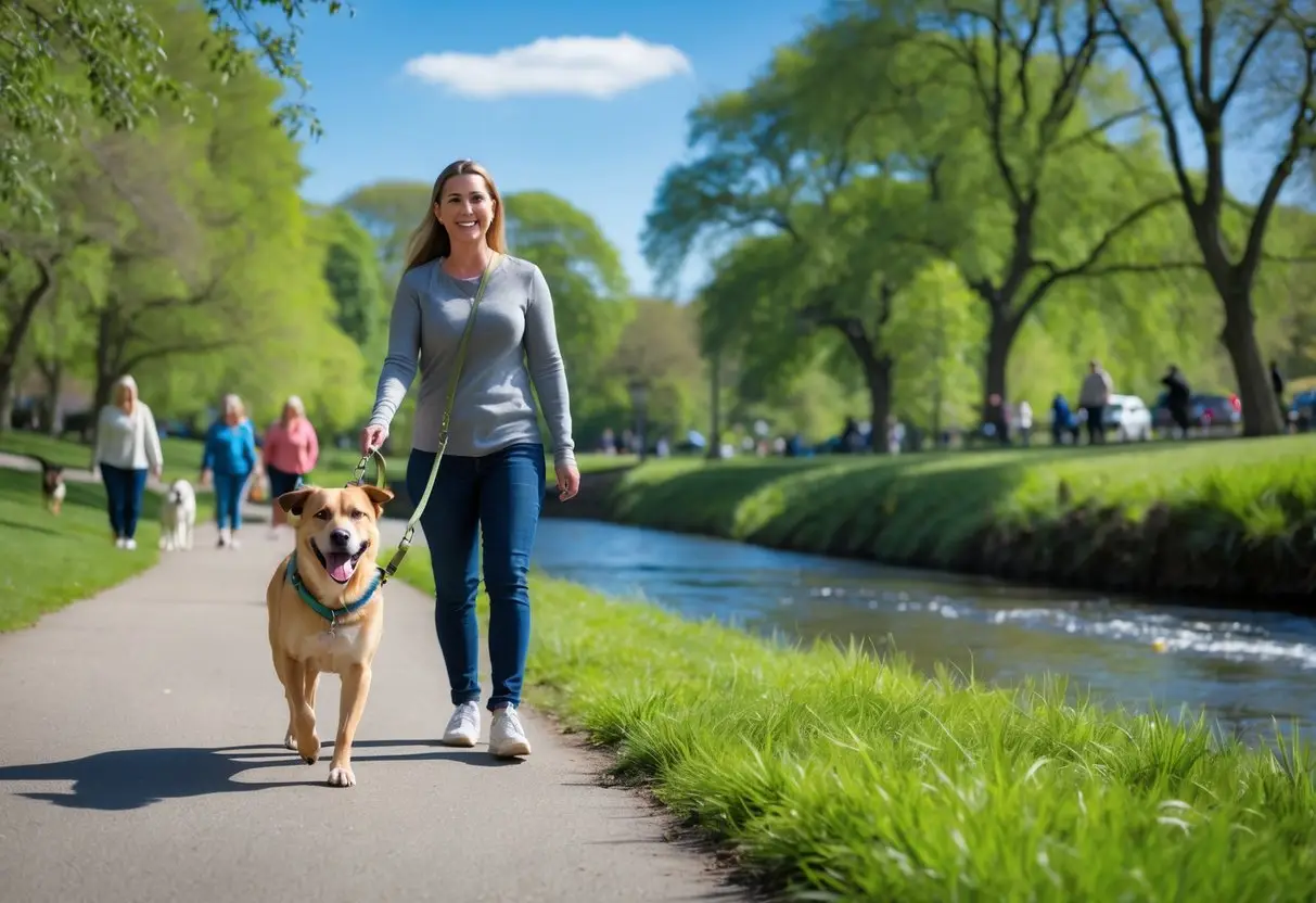 A person walking a dog on a leash along a path in a green park with trees and a river nearby.