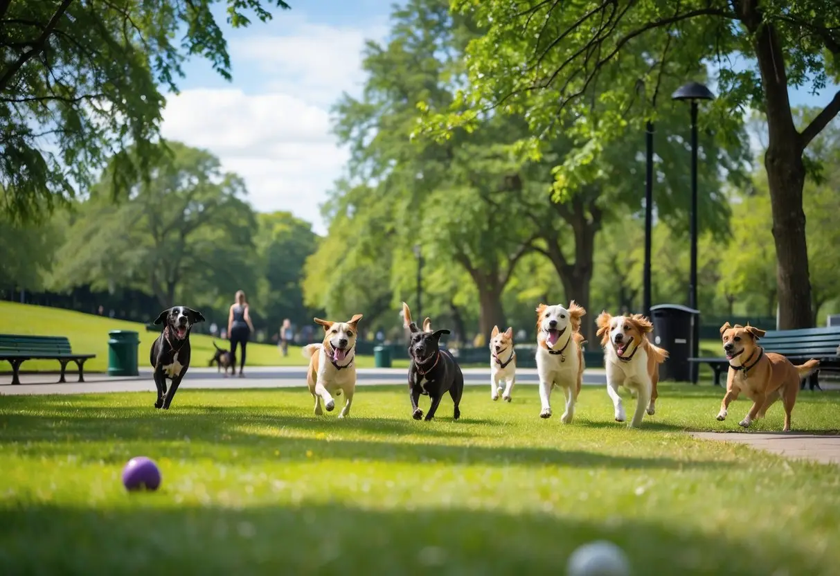 Dogs playing and running in a green park with trees and walking paths, with people watching nearby.