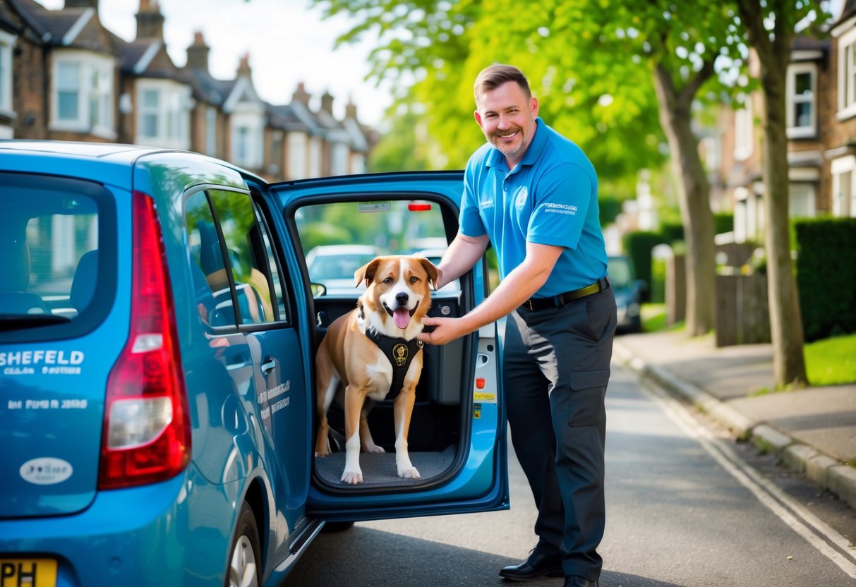 A taxi driver helping a dog into the back seat of a taxi on a residential street in Sheffield.