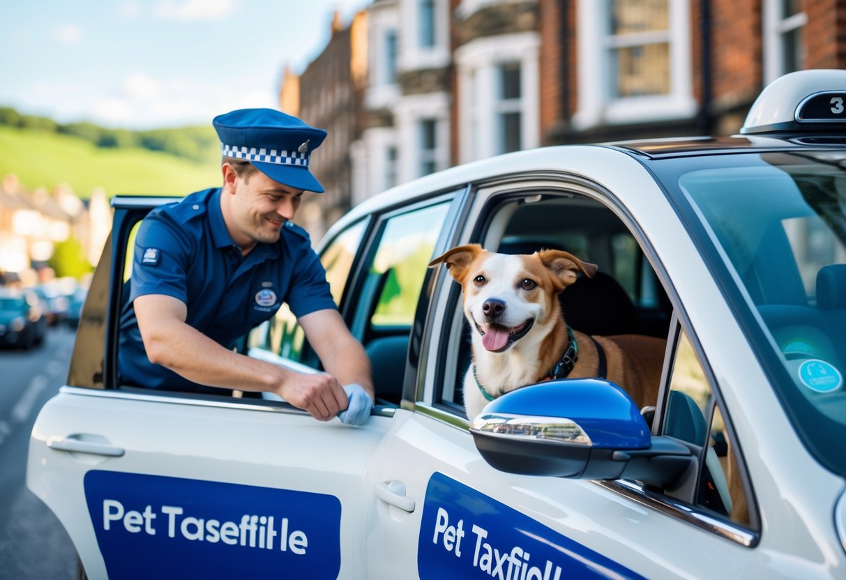 A dog being helped into a taxi by a driver on a street in Sheffield with buildings and hills in the background.