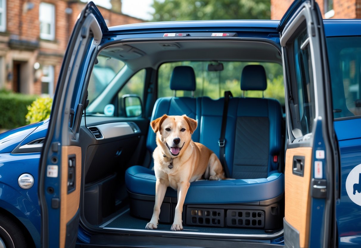 A dog sitting safely inside a specialist pet taxi parked on a street in Sheffield.