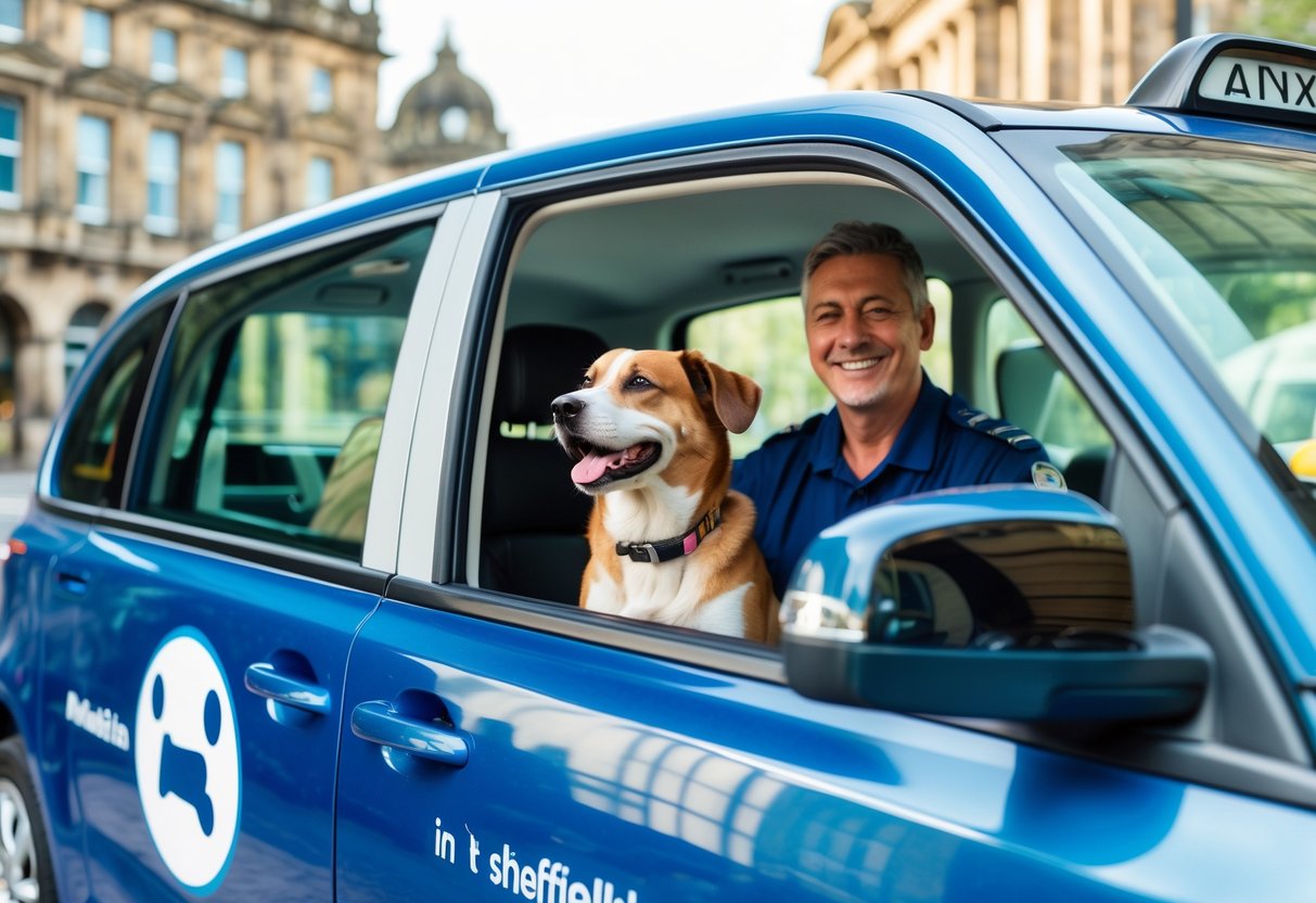 A taxi parked on a city street in Sheffield with a dog sitting inside and the driver standing by the open door.