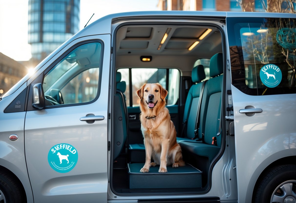A dog sitting inside a clean taxi vehicle with the door open in an urban area of Sheffield.