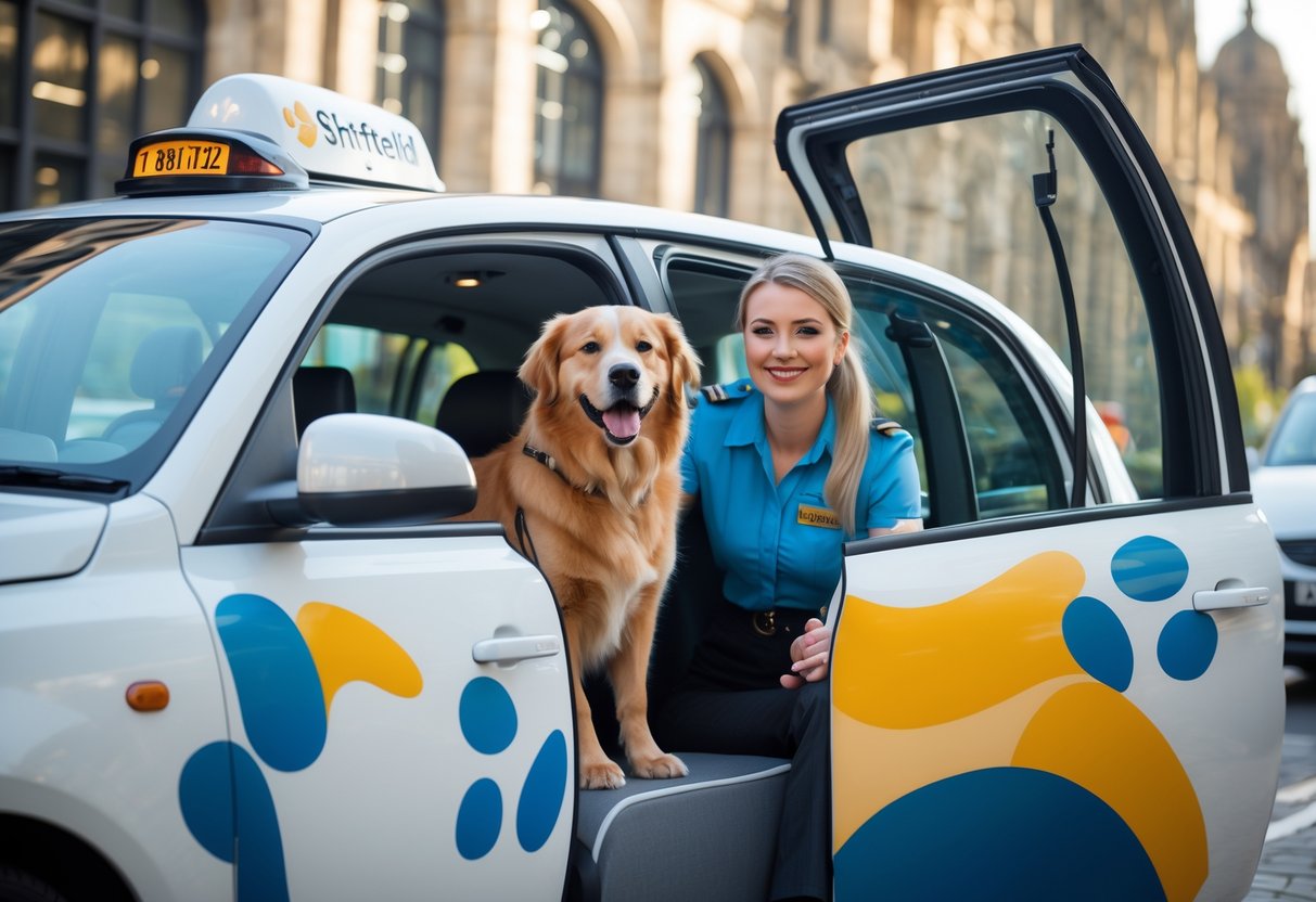 A dog sitting inside a taxi on a city street in Sheffield with the driver smiling and the taxi door open.