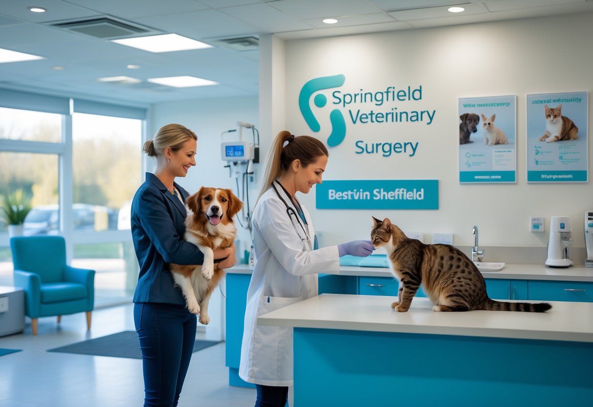 A veterinary clinic reception with a vet examining a cat and a pet owner holding a dog, in a bright and welcoming room.