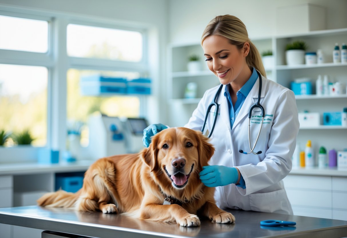 A female veterinarian examining a golden retriever on an examination table inside a bright and clean veterinary clinic.