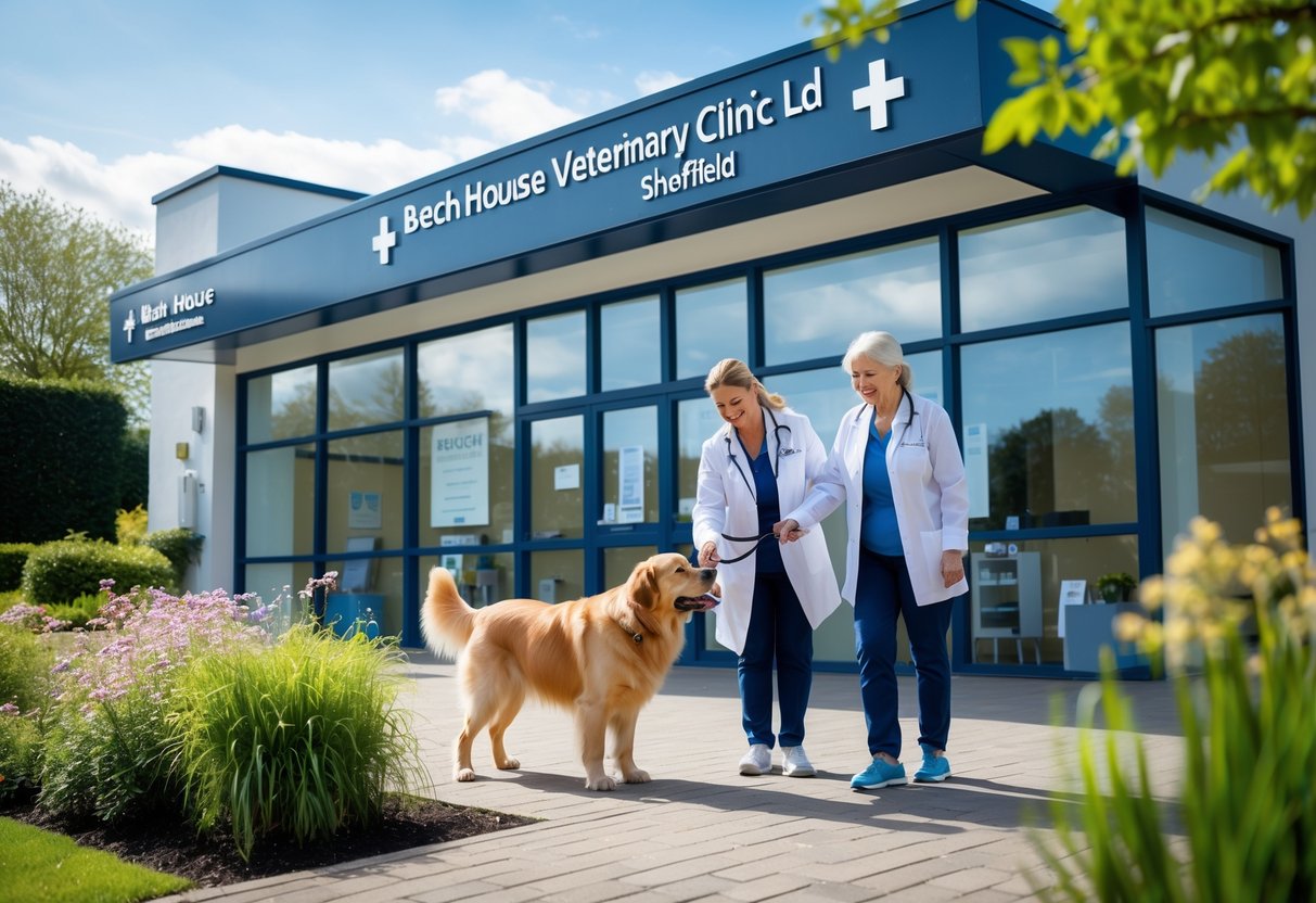 A veterinarian examining a golden retriever outside a modern veterinary clinic with a smiling owner nearby.