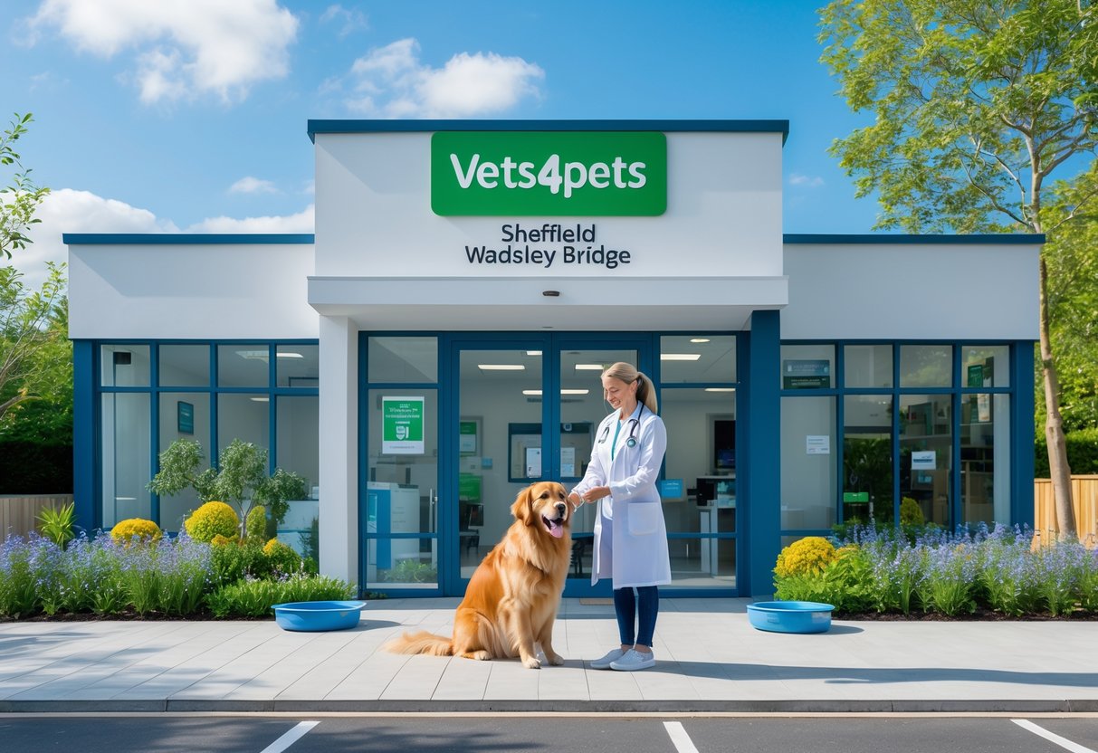 A veterinarian examining a golden retriever outside a modern veterinary clinic with a pet owner nearby.