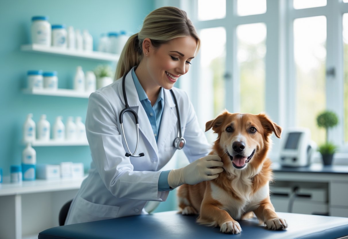A veterinarian examining a calm dog in a bright and modern veterinary clinic.