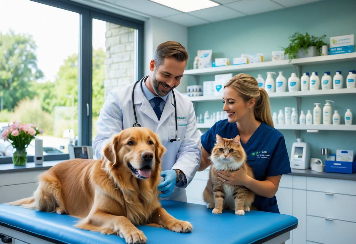 Veterinarian examining a golden retriever in a bright veterinary clinic while a nurse talks to a pet owner holding a cat.