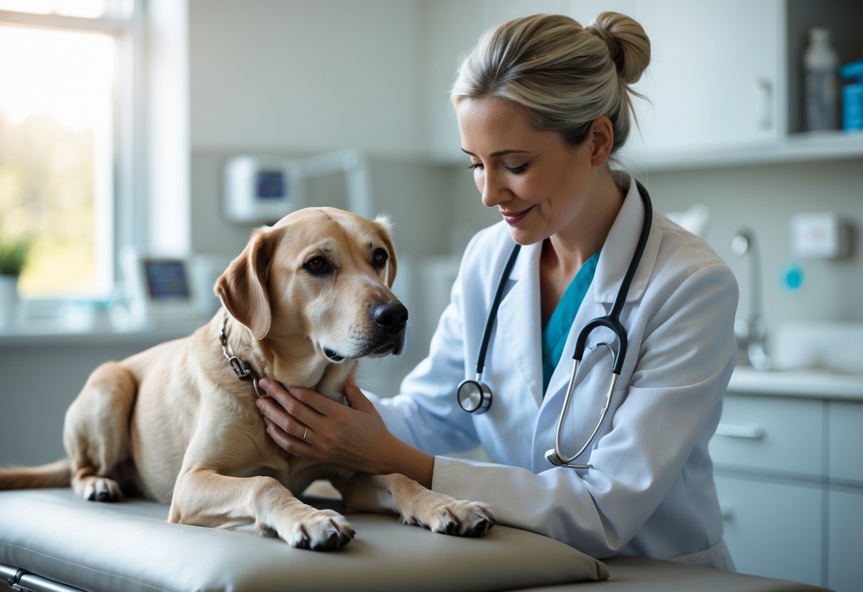 A veterinarian gently comforting an elderly dog in a calm veterinary clinic.