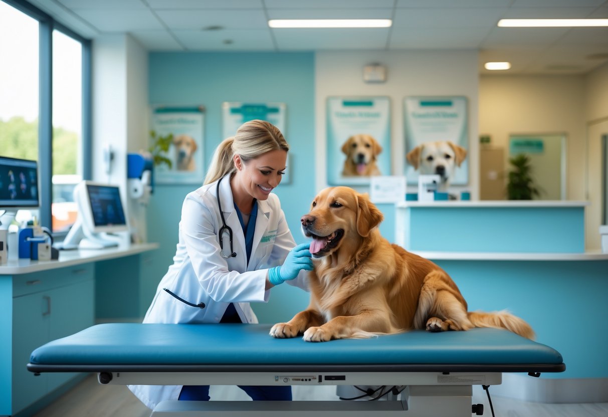 A female vet examining a golden retriever in a bright veterinary clinic.