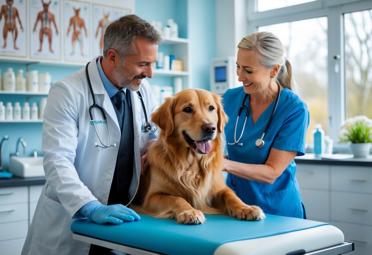 A veterinarian examining a golden retriever dog while the pet owner stands beside them in a bright veterinary clinic.