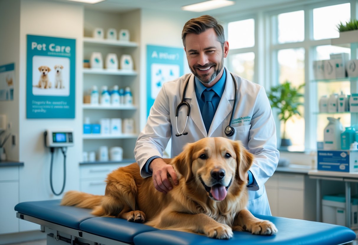 A veterinarian examining a golden retriever in a bright, clean veterinary clinic.
