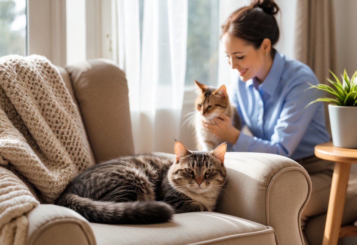 A domestic cat resting comfortably on a soft armchair in a bright living room while a professional cat sitter gently interacts with another cat nearby.