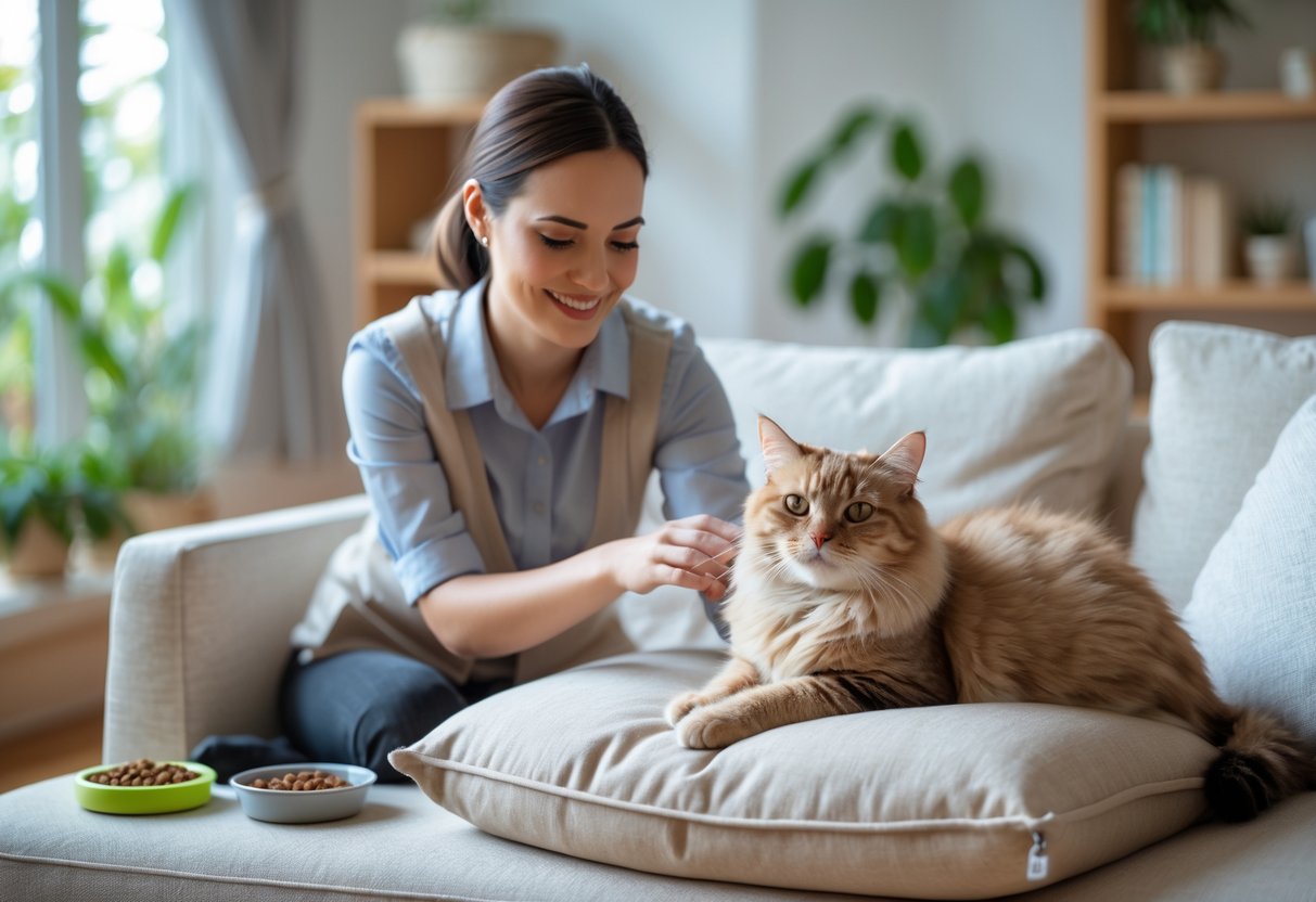 A person gently petting a relaxed cat on a cushion in a bright, cozy living room.