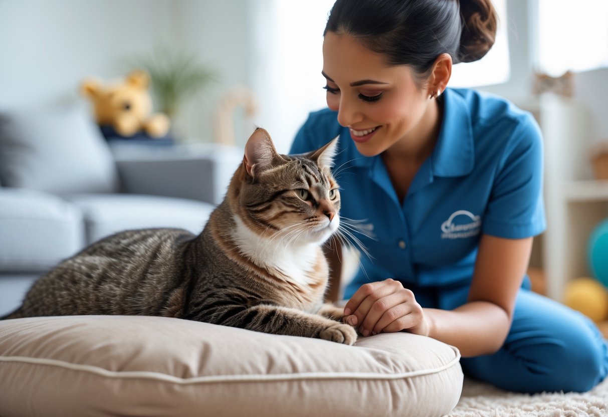 A calm domestic cat sitting comfortably on a cushion while a professional pet sitter gently interacts with it in a bright, secure home setting.