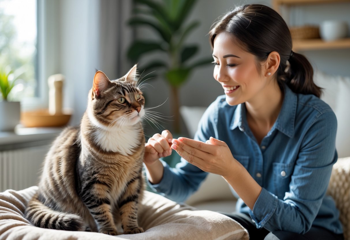 A calm domestic cat being gently cared for by a friendly pet sitter in a cosy home setting.
