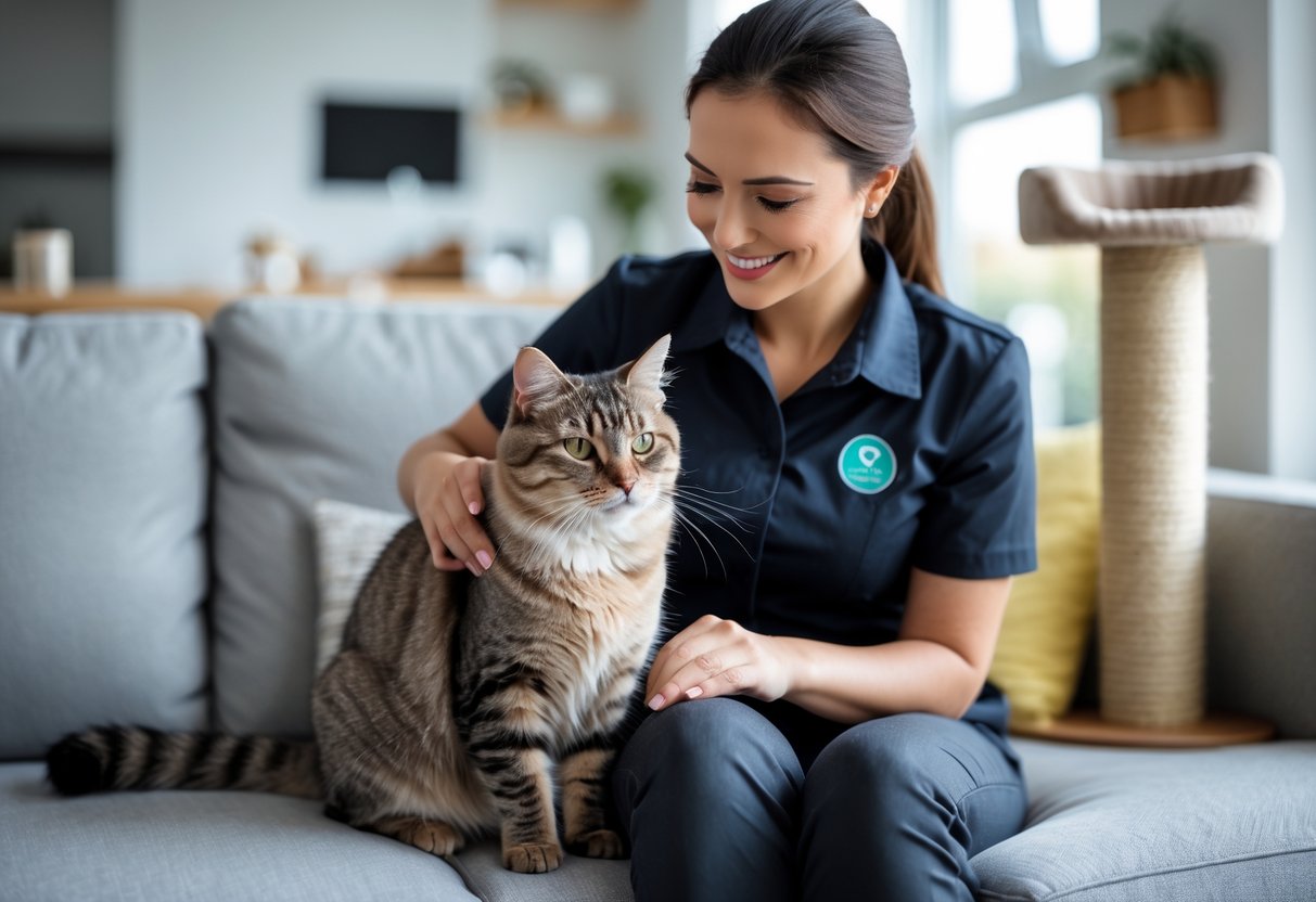 A female cat sitter gently stroking a relaxed domestic cat in a bright living room.