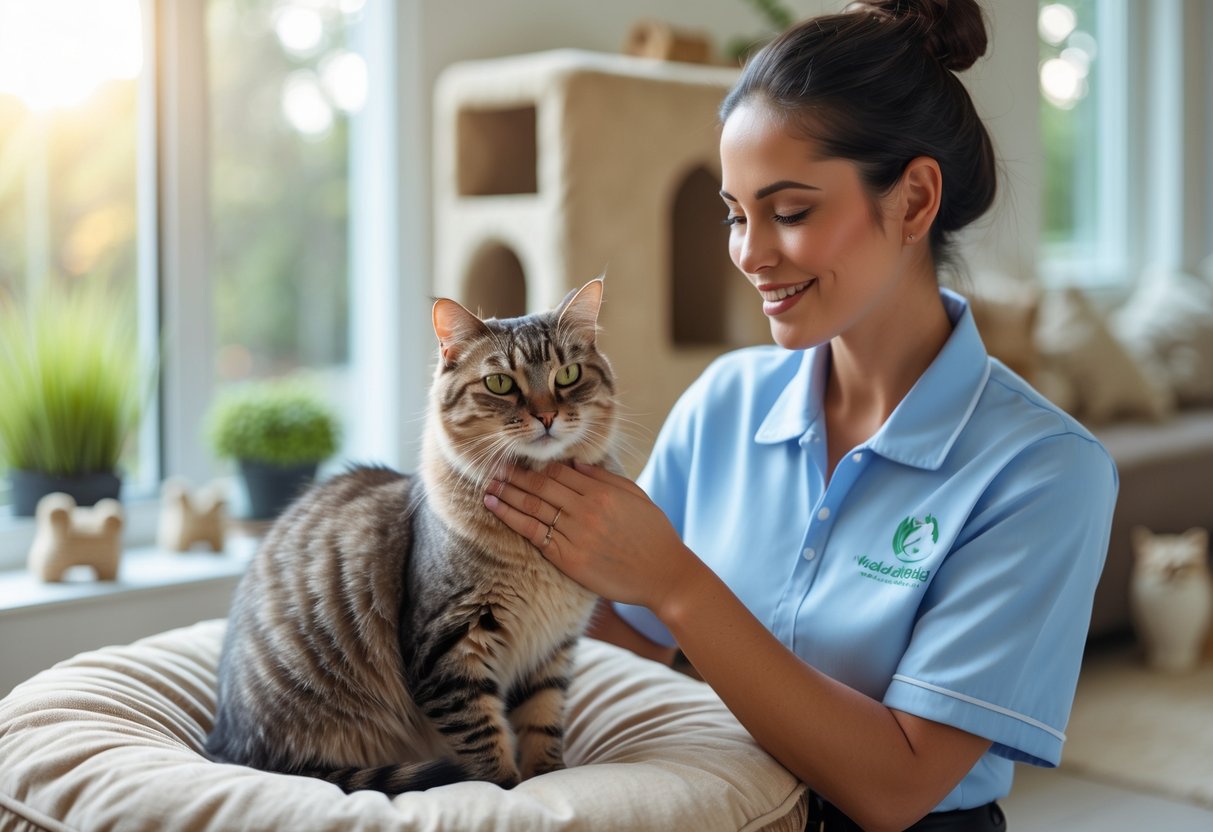 A calm domestic cat being gently cared for by a friendly cat sitter in a bright home setting.