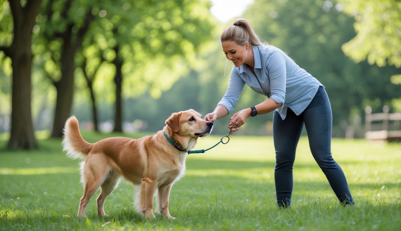A female dog behaviourist training an attentive dog outdoors in a green park.