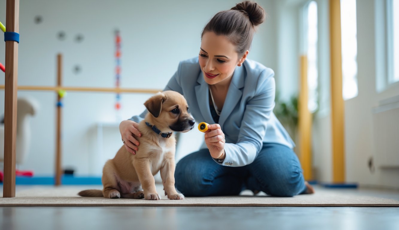A dog behaviourist working with a young puppy in a bright indoor training room.