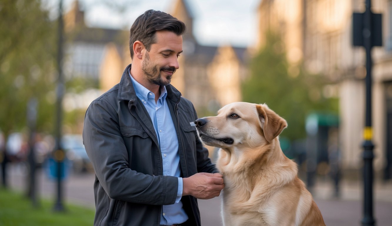 A man standing outdoors in a city environment gently interacting with a dog.