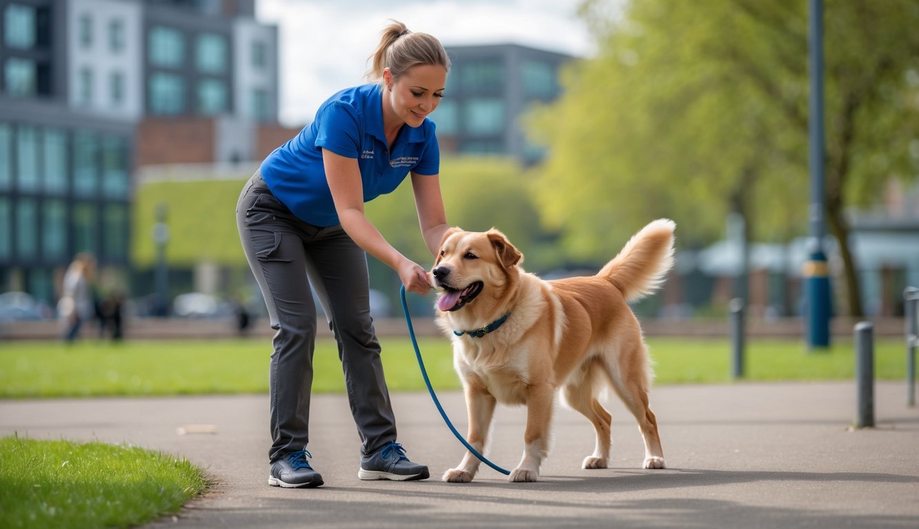 A dog behaviourist training a medium-sized dog in an outdoor park with city buildings in the background.