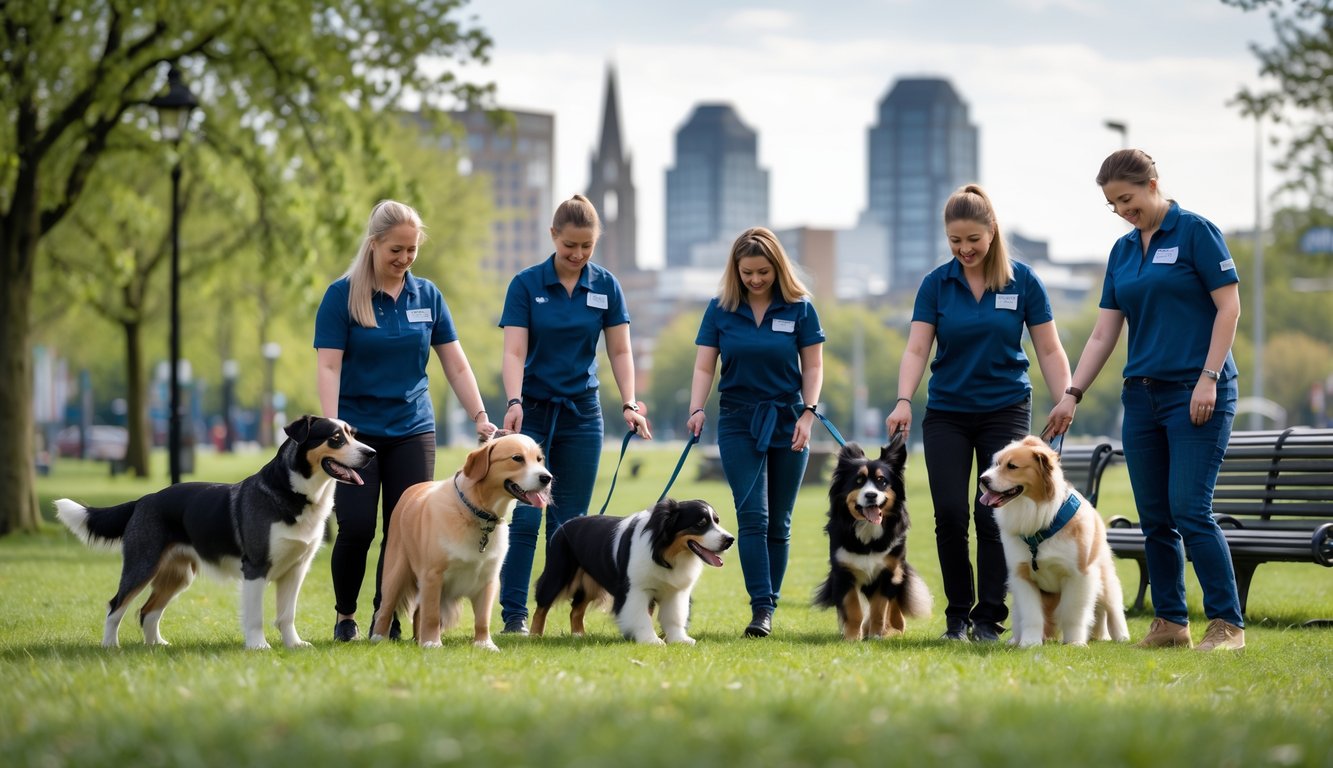 A group of dog trainers working with different dog breeds in a park in Sheffield, showing calm and attentive dogs and trainers interacting.