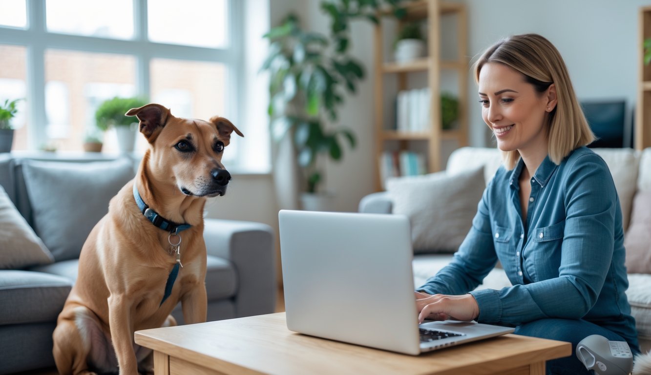 A dog behaviourist training a medium-sized dog in a bright living room with a laptop on a coffee table.