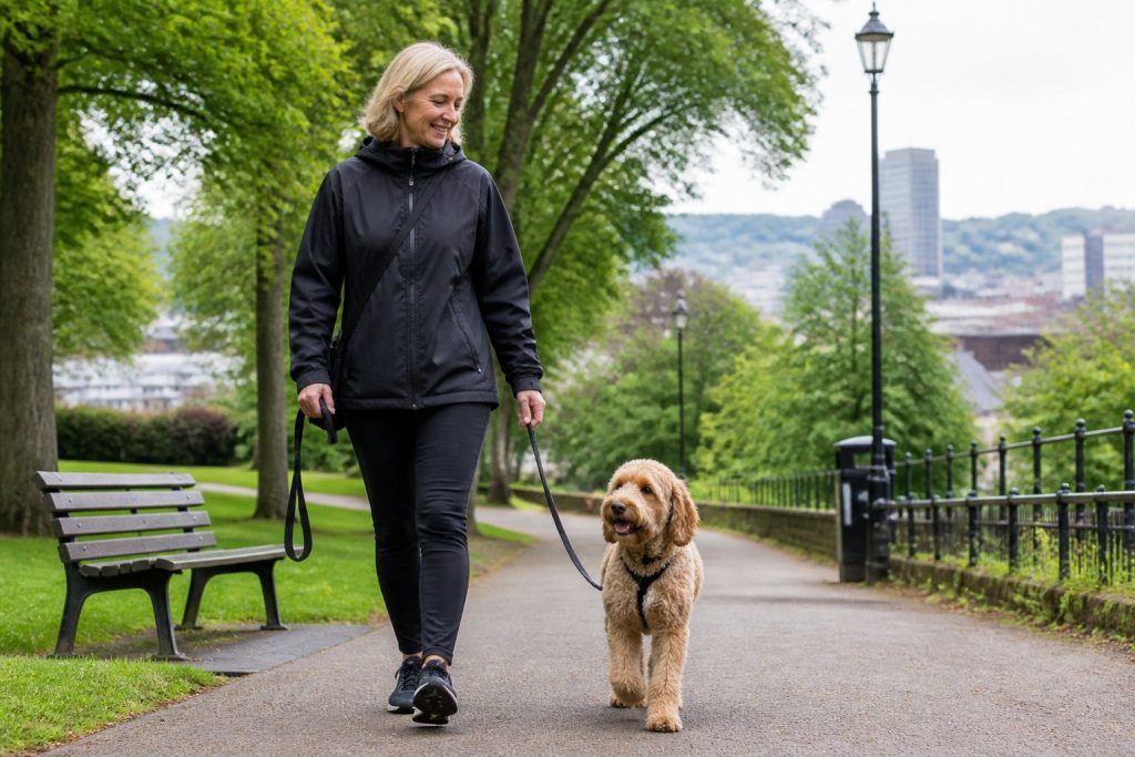 A person walking a dog alone in a green urban park with trees and paths.